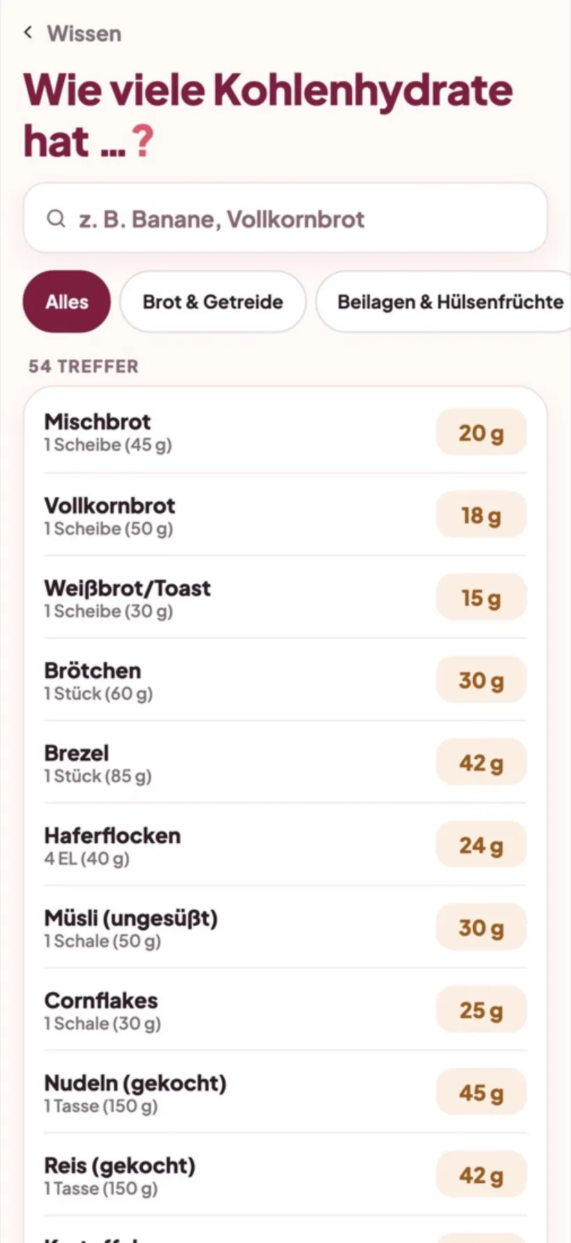 Carb-Finder – Kohlenhydrate je Portion